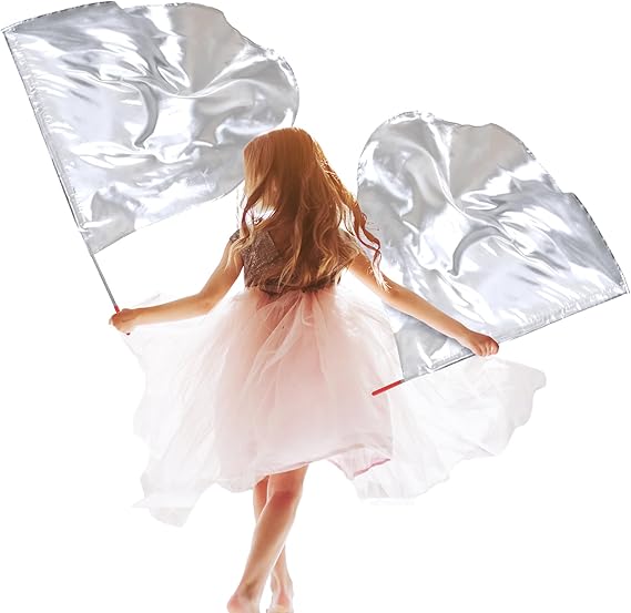 Silipull 2 Pcs Set 32 Praise Dance Worship Flags with Scalable Rod for Kids Children Semicircle Praise Church Flags for Worship Dance Outdoor Practice PerformanceSilver