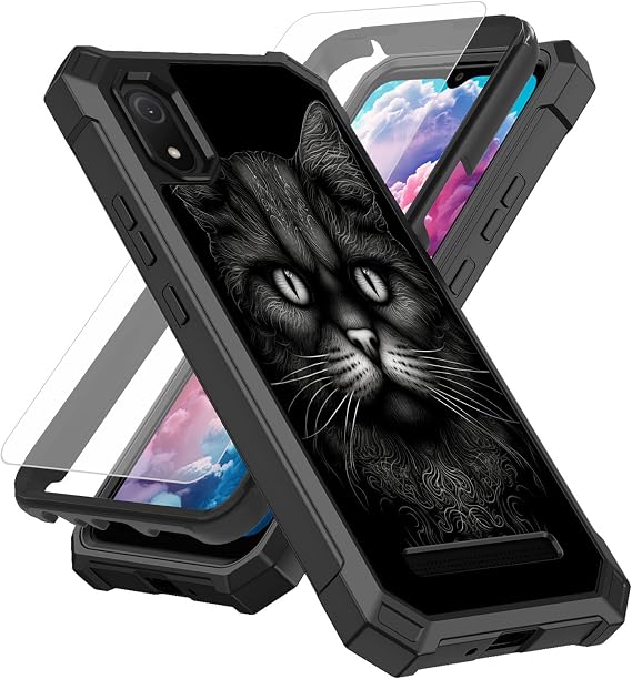 for Cloud Stratus C8 Case for Cloud Mobile Stratus C8 Phone Case with Screen Protector Tempered Glass,Slim TPU Rugged Corners Bumper Cover Case for Men Women-Black Cat