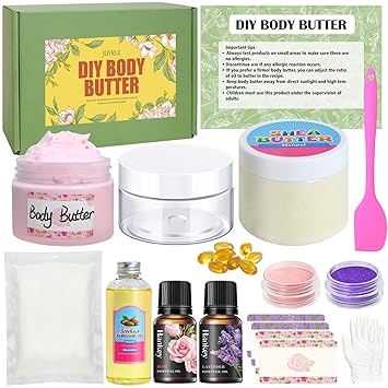 JUYRLE Body Butter Making Kit- Shea Butter Lotion Making Kit، الحرف اليدوية للبالغين مع زبدة الشيا العضوية، زيت اللوز الحلو، مسحوق الميكا، صانع زبدة الجسم المخفوق الطبيعي هدايا العناية بالبشرة للنساء